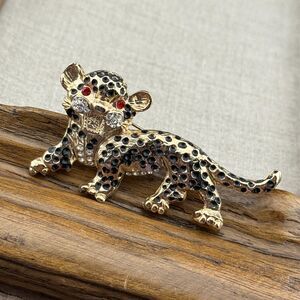 Gold Tone Black Enamel Spots Clear Rhinestone Red Eyes Leopard Brooch Pin 2.5"